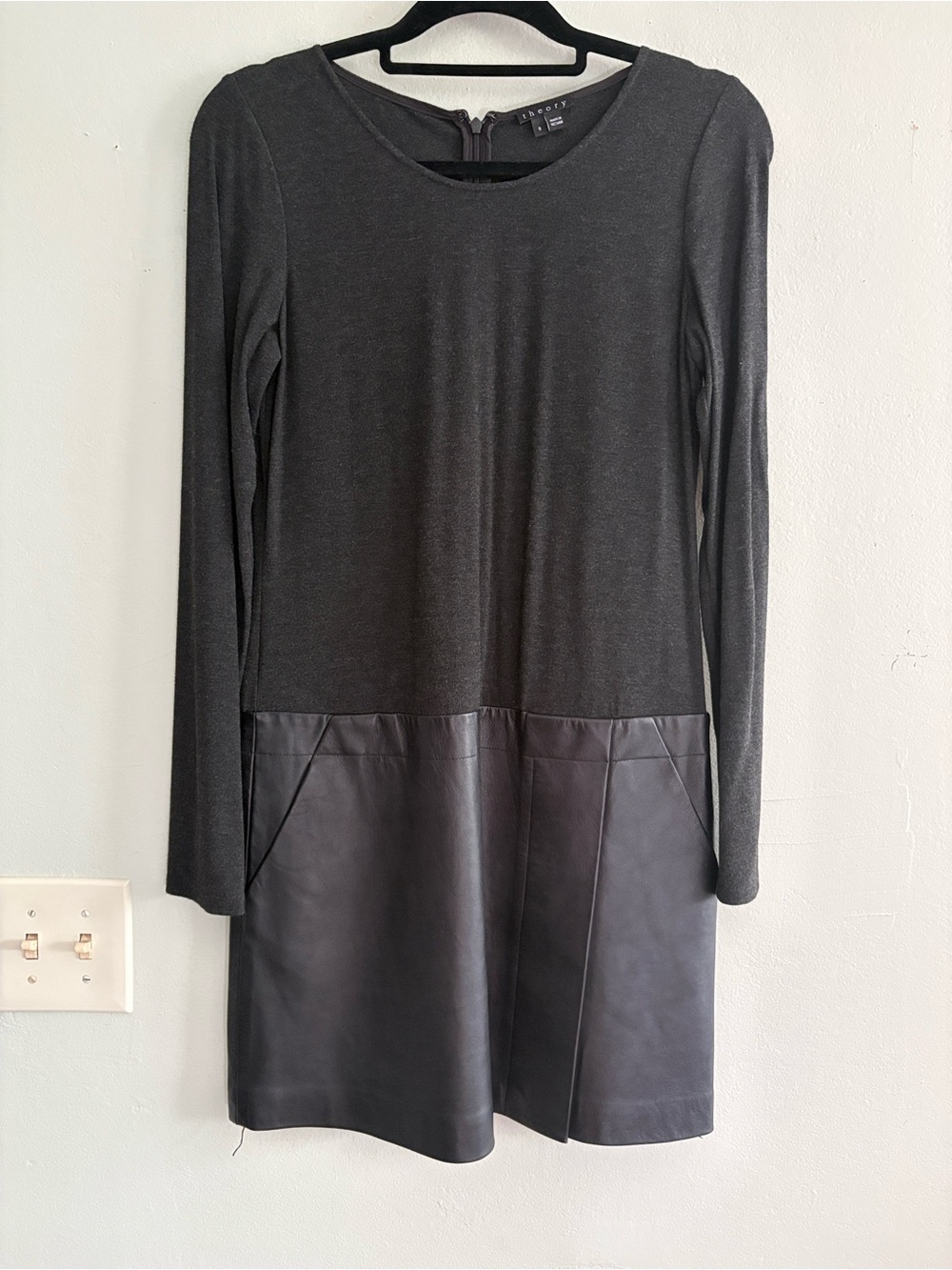 Theory Black Long-Sleeve Dress with Faux-Leather Skirt 8